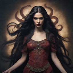 An artistic representation of Lilith, often portrayed in mythology as a powerful and mysterious woman with long dark hair, wearing antiquated clothing.