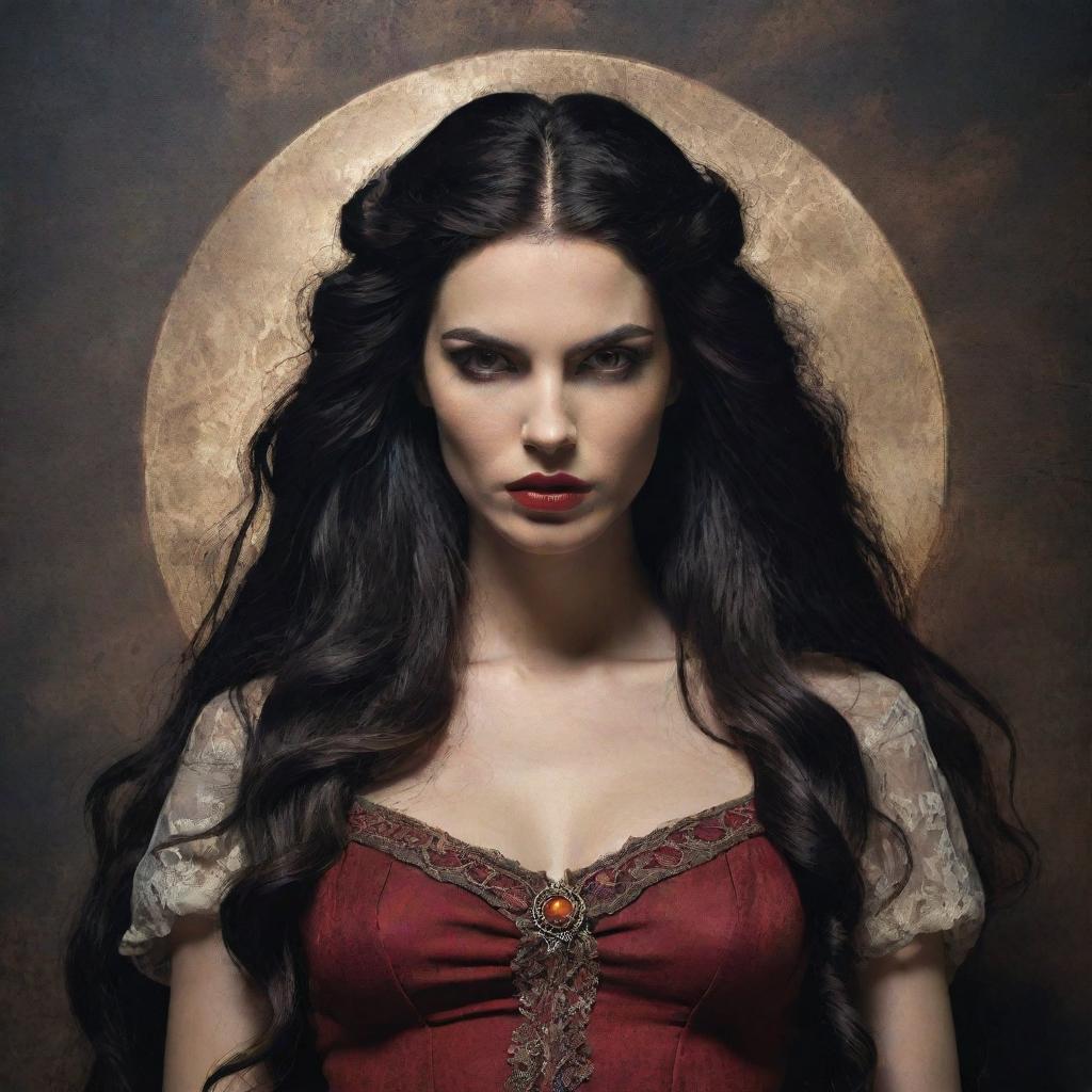 An artistic representation of Lilith, often portrayed in mythology as a powerful and mysterious woman with long dark hair, wearing antiquated clothing.