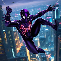 A reimagined Spiderman in a sleek, deep purple suit swinging through a futuristic city skyline at night