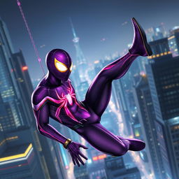 A reimagined Spiderman in a sleek, deep purple suit swinging through a futuristic city skyline at night