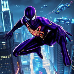 A reimagined Spiderman in a sleek, deep purple suit swinging through a futuristic city skyline at night