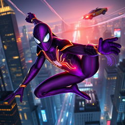 A reimagined Spiderman in a sleek, deep purple suit swinging through a futuristic city skyline at night