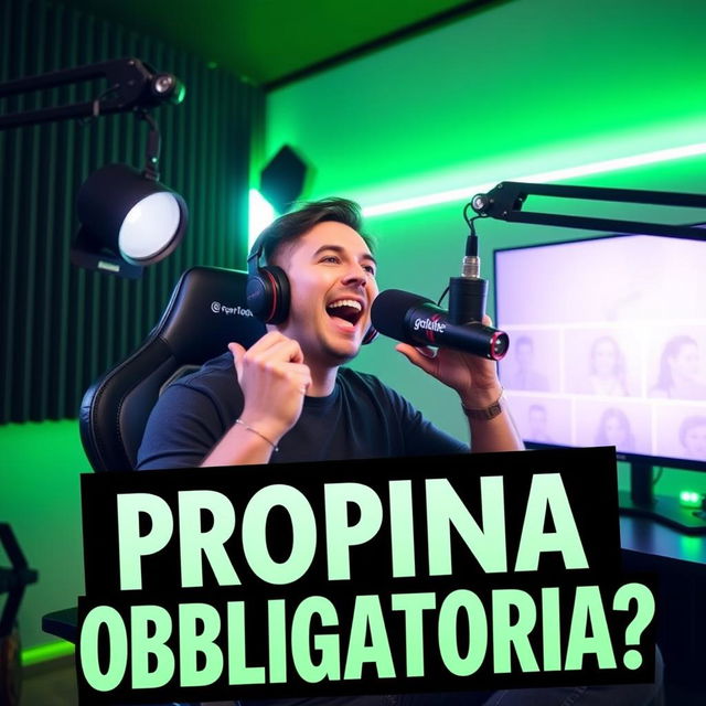 A podcast studio setup with vibrant green lighting, featuring a person talking animatedly into a professional microphone, seated on a gaming chair, exuding enthusiasm and engagement