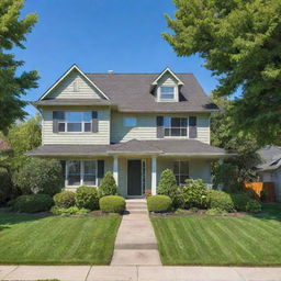 An idyllic and cozy suburban house with a lush green front yard under a clear blue sky.