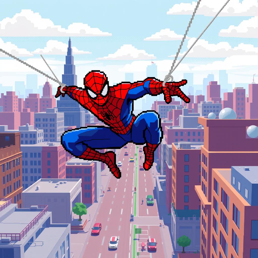 A pixel art depiction of Spiderman, styled with a classic red and blue suit, swinging across a vibrant cityscape during the day