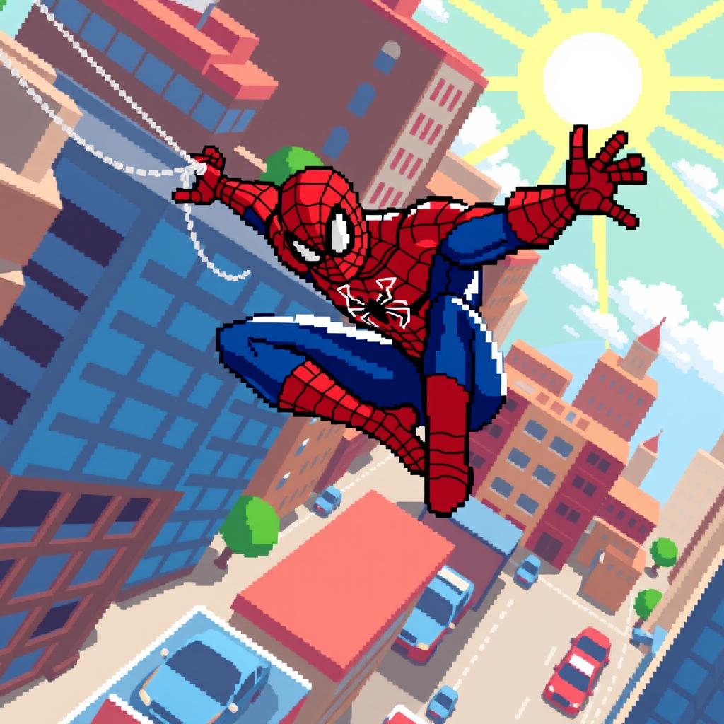 A pixel art depiction of Spiderman, styled with a classic red and blue suit, swinging across a vibrant cityscape during the day