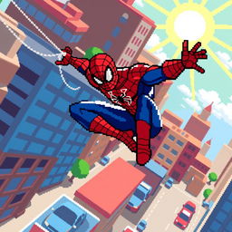 A pixel art depiction of Spiderman, styled with a classic red and blue suit, swinging across a vibrant cityscape during the day