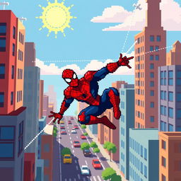 A pixel art depiction of Spiderman, styled with a classic red and blue suit, swinging across a vibrant cityscape during the day