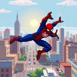 A pixel art depiction of Spiderman, styled with a classic red and blue suit, swinging across a vibrant cityscape during the day