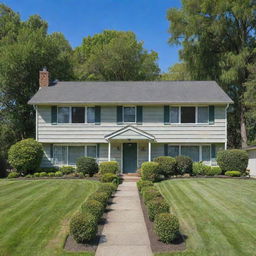 An idyllic and cozy suburban house with a lush green front yard under a clear blue sky.