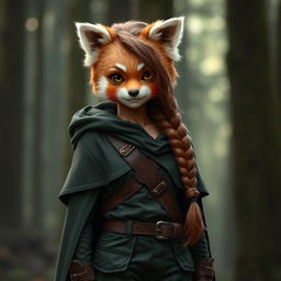 A young adult female Tabaxi with the distinct features of an average height red panda, including a charming face and reddish-brown fur