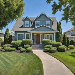 An idyllic and cozy suburban house with a lush green front yard under a clear blue sky.