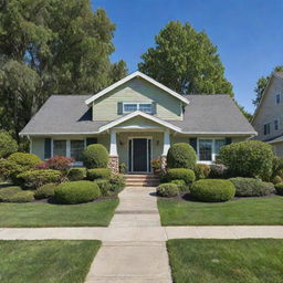 An idyllic and cozy suburban house with a lush green front yard under a clear blue sky.