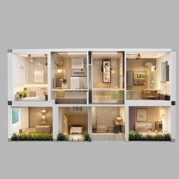 A detailed 2BHK (2 Bedroom, Hall, Kitchen) house model with a modern interior design, spacious living area, cozy bedrooms, a well-equipped kitchen, and abundant natural light.