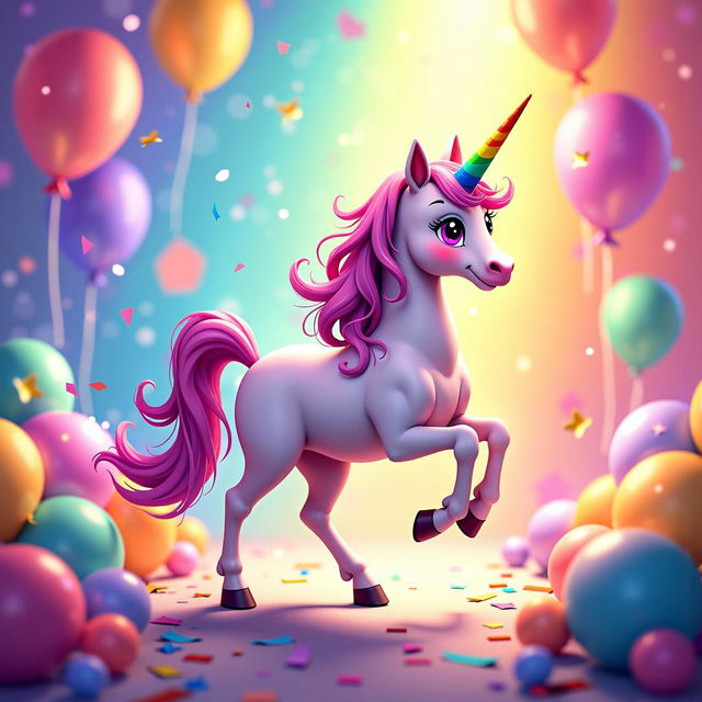 A whimsical and colorful birthday invitation featuring a rainbow unicorn in anime style