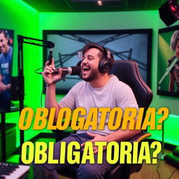 Overlay the image of a person in a vibrant green-lit podcast studio, talking animatedly into a microphone, seated on a gaming chair, with bold, eye-catching text that reads "PROPINA OBLIGATORIA?" for a YouTube podcast thumbnail