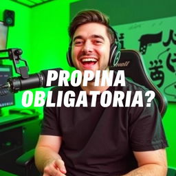 Overlay the image of a person in a vibrant green-lit podcast studio, talking animatedly into a microphone, seated on a gaming chair, with bold, eye-catching text that reads "PROPINA OBLIGATORIA?" for a YouTube podcast thumbnail