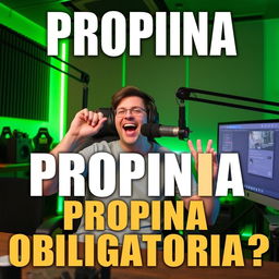 Overlay the image of a person in a vibrant green-lit podcast studio, talking animatedly into a microphone, seated on a gaming chair, with bold, eye-catching text that reads "PROPINA OBLIGATORIA?" for a YouTube podcast thumbnail