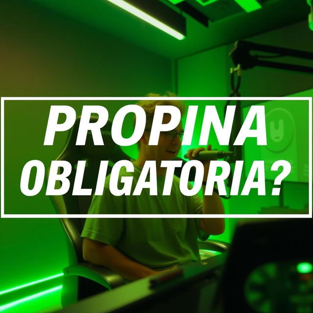 Overlay the image of a person in a vibrant green-lit podcast studio, talking animatedly into a microphone, seated on a gaming chair, with bold, eye-catching text that reads "PROPINA OBLIGATORIA?" for a YouTube podcast thumbnail