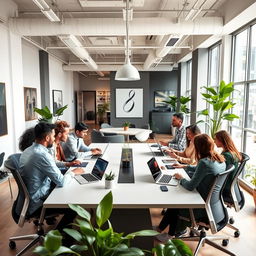 A modern, inspiring workplace environment with a diverse team collaborating dynamically