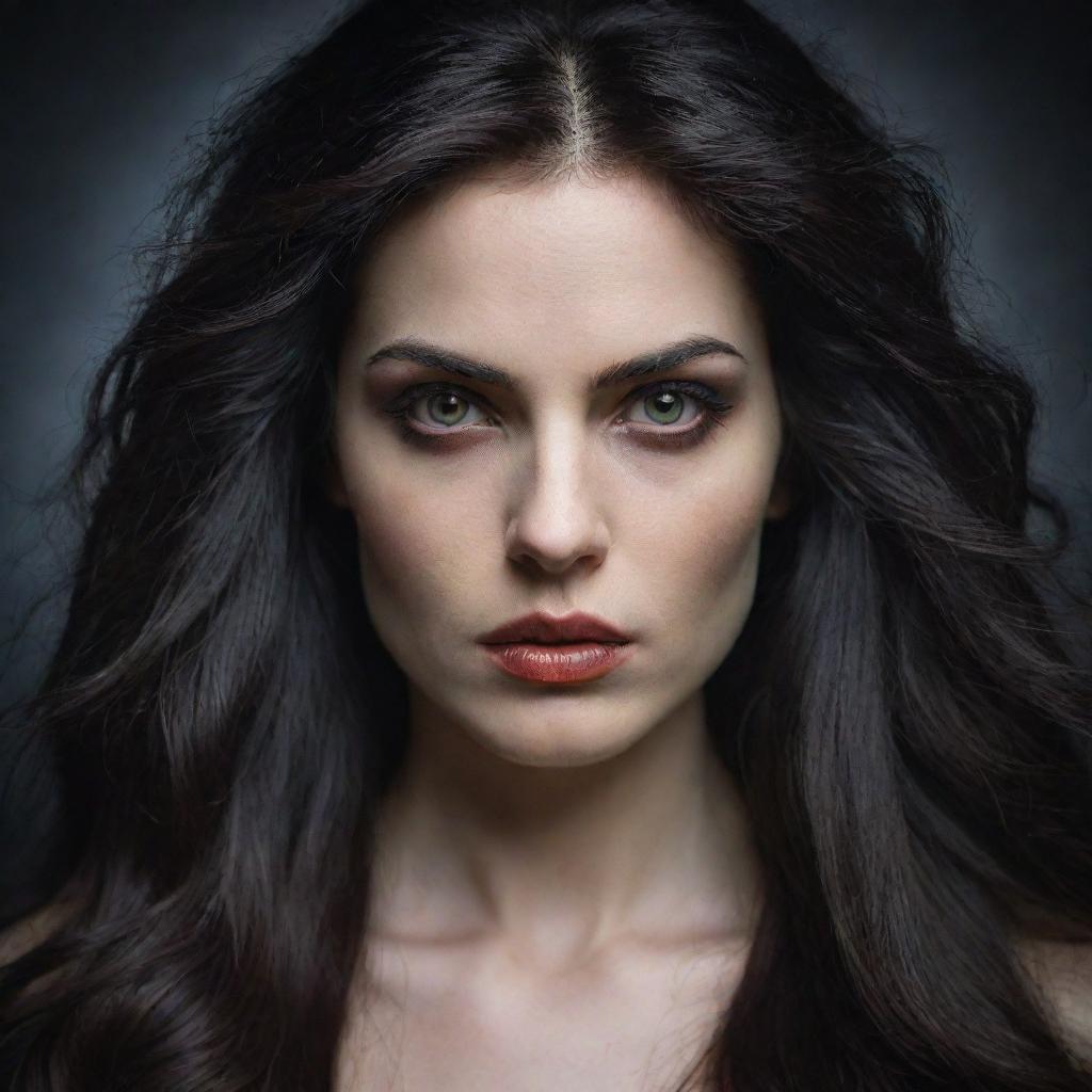 The face of Lilith, depicted as an enigmatic, strong female figure with intense eyes, strong features, and long dark hair.