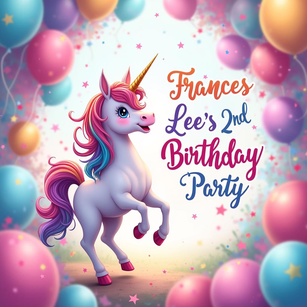 A whimsical and colorful birthday invitation featuring a rainbow unicorn in anime style