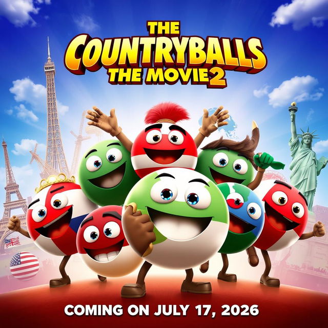 A dynamic and action-packed movie poster featuring anthropomorphic countryballs with expressive eyes and iconic features representing different countries, gathered in a heroic pose against a vibrant backdrop of world landmarks like the Eiffel Tower and the Statue of Liberty