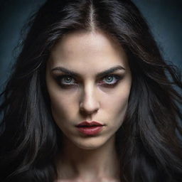 The face of Lilith, depicted as an enigmatic, strong female figure with intense eyes, strong features, and long dark hair.