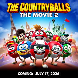 A dynamic and action-packed movie poster featuring anthropomorphic countryballs with expressive eyes and iconic features representing different countries, gathered in a heroic pose against a vibrant backdrop of world landmarks like the Eiffel Tower and the Statue of Liberty