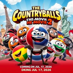 A dynamic and action-packed movie poster featuring anthropomorphic countryballs with expressive eyes and iconic features representing different countries, gathered in a heroic pose against a vibrant backdrop of world landmarks like the Eiffel Tower and the Statue of Liberty