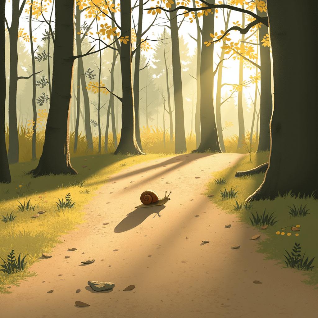 In the early morning sunlight, on a forest path, a small brown snail is crawling, depicted in Jon Klassen's unique style