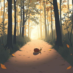 In the early morning sunlight, on a forest path, a small brown snail is crawling, depicted in Jon Klassen's unique style