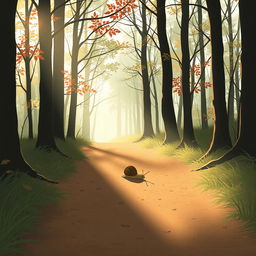 In the early morning sunlight, on a forest path, a small brown snail is crawling, depicted in Jon Klassen's unique style