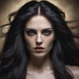 The face of Lilith, depicted as an enigmatic, strong female figure with intense eyes, strong features, and long dark hair.