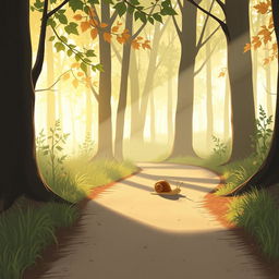 In the early morning sunlight, on a forest path, a small brown snail is crawling, depicted in Jon Klassen's unique style