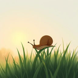 In the early morning, a small brown snail is perched on a blade of grass, munching on the greenery, illustrated in Jon Klassen's signature style