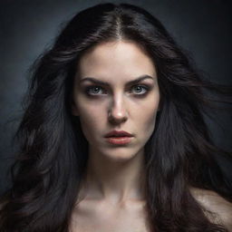 The face of Lilith, depicted as an enigmatic, strong female figure with intense eyes, strong features, and long dark hair.