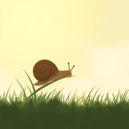 In the early morning, a small brown snail is perched on a blade of grass, munching on the greenery, illustrated in Jon Klassen's signature style