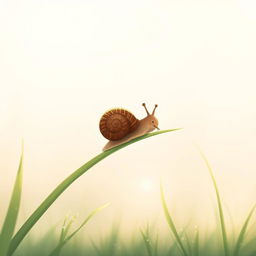 In the early morning, a small brown snail is perched on a blade of grass, munching on the greenery, illustrated in Jon Klassen's signature style