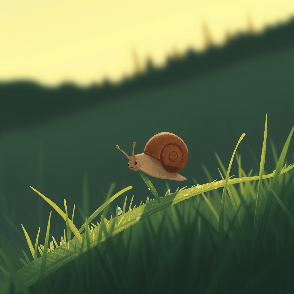 In the early morning, a small brown snail is perched on a blade of grass, munching on the greenery, illustrated in Jon Klassen's signature style