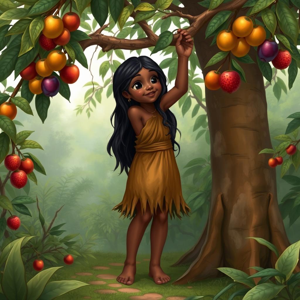 A prehistoric girl gathering fruits from a tree