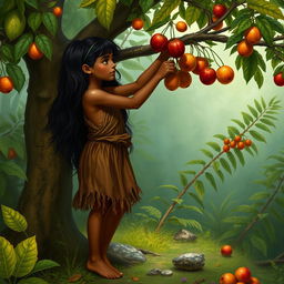 A prehistoric girl gathering fruits from a tree