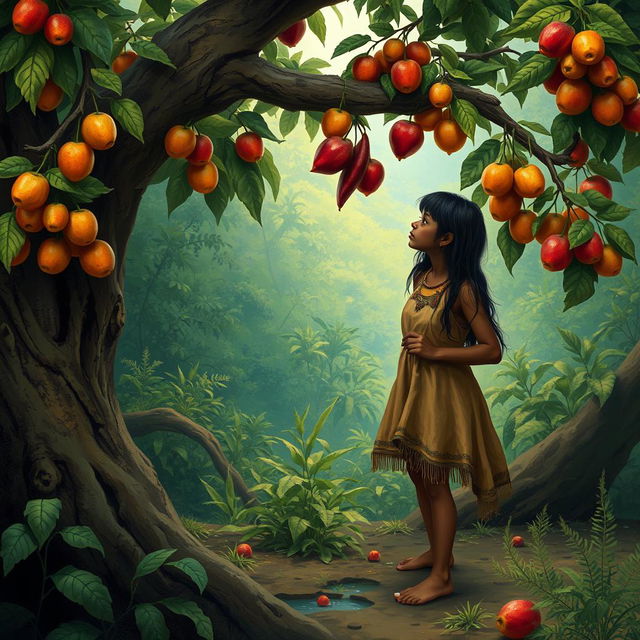 A prehistoric girl gathering fruits from a tree