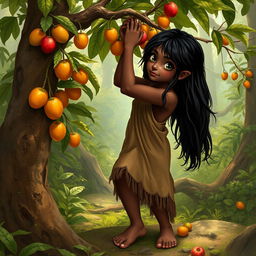 A prehistoric girl gathering fruits from a tree