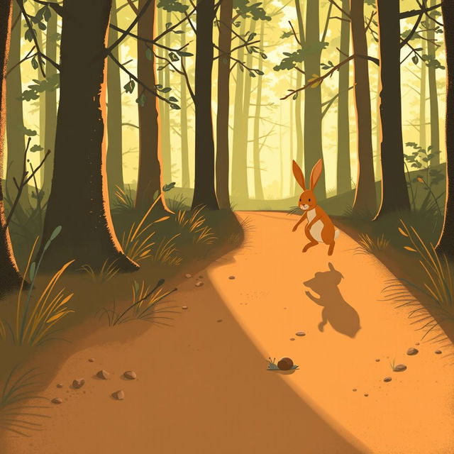 In the early morning sunlight, on a forest path, a small brown snail crawls while an orange rabbit runs ahead, captured in Jon Klassen's distinctive style