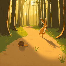 In the early morning sunlight, on a forest path, a small brown snail crawls while an orange rabbit runs ahead, captured in Jon Klassen's distinctive style