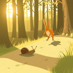 In the early morning sunlight, on a forest path, a small brown snail crawls while an orange rabbit runs ahead, captured in Jon Klassen's distinctive style