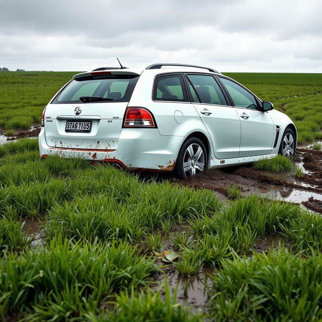 A realistic depiction of a white 2009 Holden Commodore Omega wagon stuck in soft, wet grass