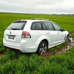 A realistic depiction of a white 2009 Holden Commodore Omega wagon stuck in soft, wet grass