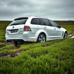 A realistic depiction of a white 2009 Holden Commodore Omega wagon stuck in soft, wet grass
